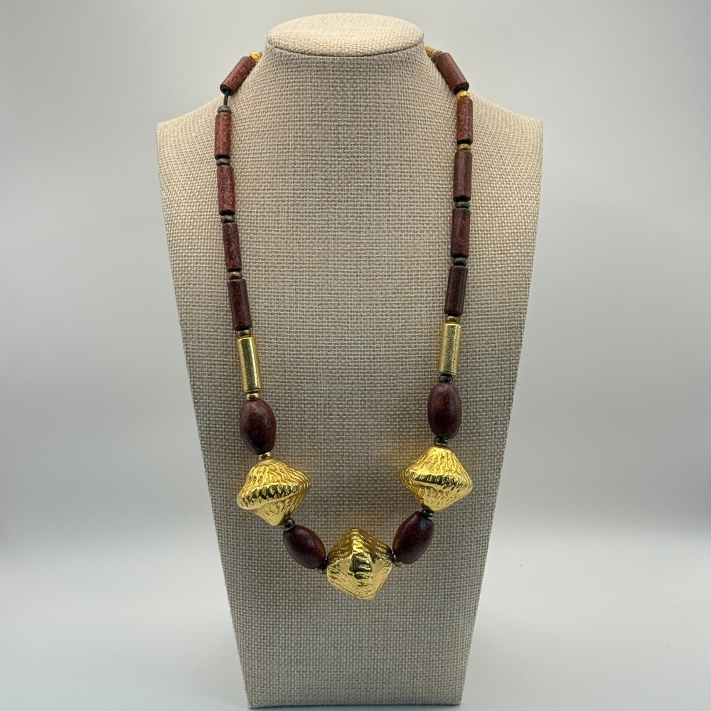 Wood Beaded Necklace‎ Chunky Gold Tone Accent Statement Jewelry